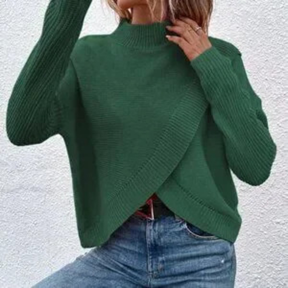 Green Casual Women's Stand Collar Drop Shoulder Long Sleeve Pullover Sweater